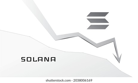 Solana SOL in downtrend and price on chart falls down. Cryptocurrency coin symbol and down arrow on white. Crushed and fell down. Cryptocurrency trading crisis and crash. Vector illustration.