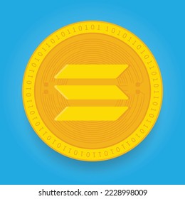 Solana SOL golden coin isolated on blue background. Cryptocurrency vector illustration eps 10 template.