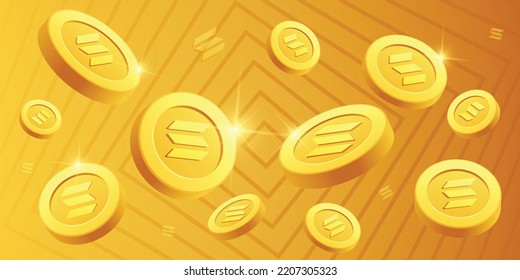 Solana SOL golden cryptocurrency coins floating vector banner and background