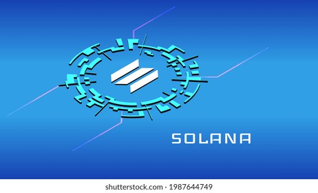 Solana SOL isometrisches Tokensymbol im digitalen Kreis auf blauem Hintergrund. Kryptowährungssymbol. Vektorgrafik.