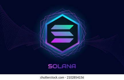 Solana (SOL) logo.Crypto currency purple theme background.Neon design.