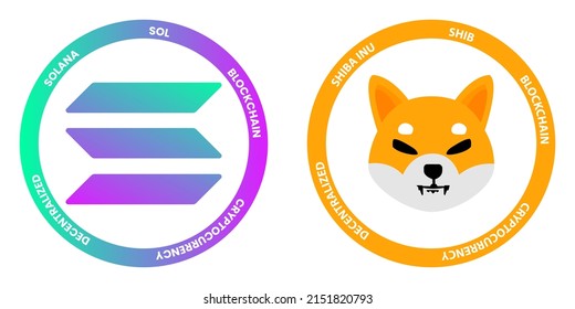 Solana SOL and Shiba Inu SHIB crypto logos. Cryptocurrency symbol set vector illustration template