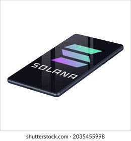 Solana SOL symbol logo on realistic mobile phone isolated on white. Vector illustration.
