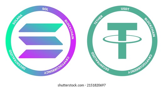 Solana SOL and Tether USDT crypto logos. Cryptocurrency symbol set vector illustration template