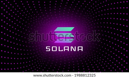 Solana SOL token symbol cryptocurrency in the center of spiral of glowing dots on dark background. Cryptocurrency logo icon for banner or news. Vector illustration.