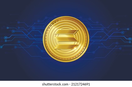 Solana SOL token symbol. Golden realistic cryptocurrency coin on blue crypto business background. Digital currency. digital coin. Poster. Vector illustration