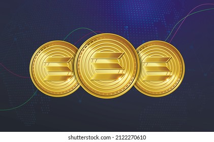 Solana SOL token symbol. Golden realistic cryptocurrency coin on a blue crypto business background. Digital currency. digital coin. Forex. Poster. Vector illustration