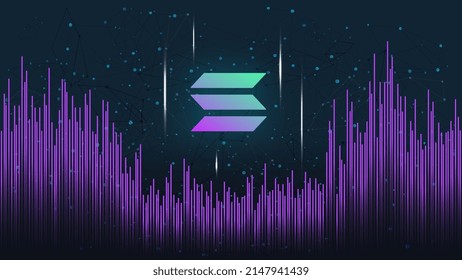 Solana SOL token symbol on dark polygonal background with wave of lines. Cryptocurrency coin logo icon. Vector illustration.