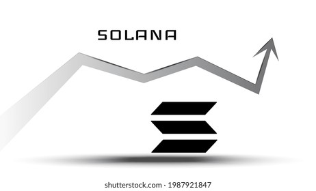 Solana SOL in uptrend and price is rising. Cryptocurrency coin symbol and up arrow. Flies to the moon. Vector illustration.