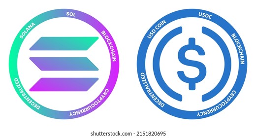 Solana SOL and USD Coin USDC crypto logos. Cryptocurrency symbol set vector illustration template
