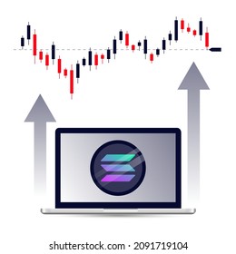 solana token concept with laptop in stock market bullish trend, SOL  cryptocurrency growth statistics on trading platfrom, vector illustration