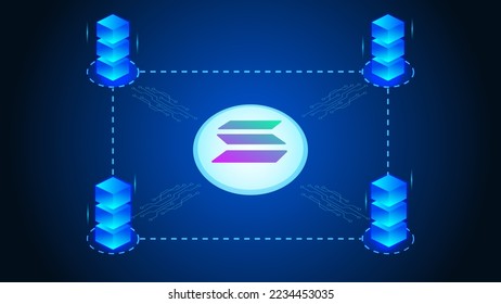 Solana virtual currency on blockchain. Business and finance 3d illustration. Connecting blocks around the Solana logo. SOL illustration for banner, website, landing page, ads, flyer template.