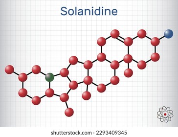 Solanidine molecule. It is poisonous steroidal alkaloid, plant metabolite, toxin. Structural chemical formula and molecule model. Sheet of paper in a cage. Vector illustration