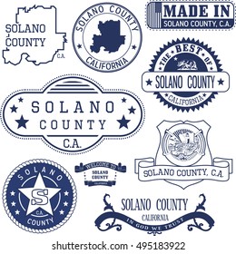 Solano county, California. Set of generic stamps and signs including Solano county map and county seal elements.