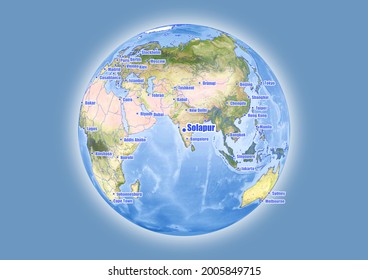 Solapur-India is shown on vector globe map. The map shows Solapur-India 's location in the world.
