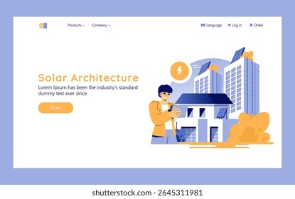 Solar architecture illustration featuring a person holding solar panels in a modern cityscape. Highlights the benefits of renewable energy and sustainable design in urban environments. Vector