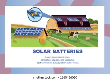 Solar Batteries in Agriculture Banner. Animal Farm with Photovoltaic Panels on Roof Vector Illustration. Alternative Renewable Energy Ecology Protection. Green Ecological Technology