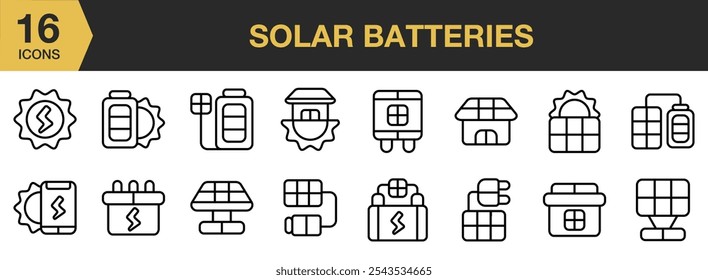 Solar Batteries icon set. Includes solar batteries , energy, solar pane, and More. Outline icons vector collection.