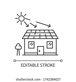Solar batteries pixel perfect linear icon. Ecological power generation. Electricity supply. Thin line customizable illustration. Contour symbol. Vector isolated outline drawing. Editable stroke