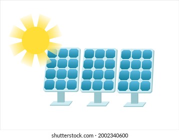 Solar batteries and the sun. Photovoltaic panels. Solar cells. Sun energy concept. Isolated flat vector illustration.