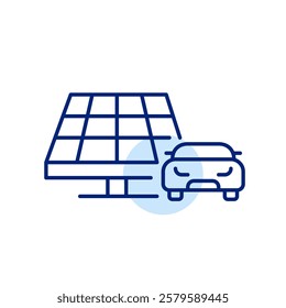 Solar battery and car. Alternative sources. Renewable energy, electricity power. Sustainable eco-friendly living. Pixel perfect, editable stroke icon