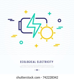 Solar battery charging thin line icon. Modern vector illustration of ecological electricity.