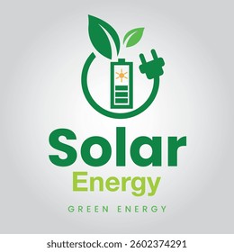 Solar battery in a circle with plug and leaves as symbol of eco-friendly energy source