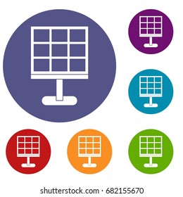 Solar battery icons set in flat circle red, blue and green color for web