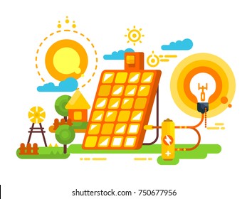 Solar battery for lighting and energy design. Energy and environment, panel power for electricity, vector illustration