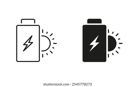 Linha de bateria solar e conjunto de ícones de silhueta. Símbolo de Energia Alternativa Verde Renovável. Traço editável. Ilustração de vetor isolada.