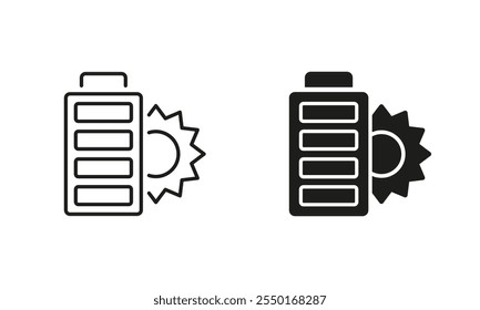 Linha de bateria solar e conjunto de ícones de silhueta. Energias alternativas verdes renováveis. Símbolo de Tecnologia Ecológica. Traço editável. Ilustração de vetor isolada.