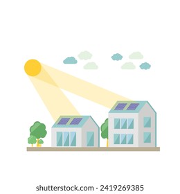 Solar battery on modern house. Solar panels roof vector illustration. Self-sufficient house with solar panels on the roof. Flat style.