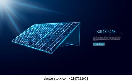 Batería solar, panel solar. Concepto de energía alternativa renovable con panel de poli bajo brillante sobre fondo azul oscuro. Diseño de polos bajos en el marco de cables. Resumen de ilustración vectorial futurista.  