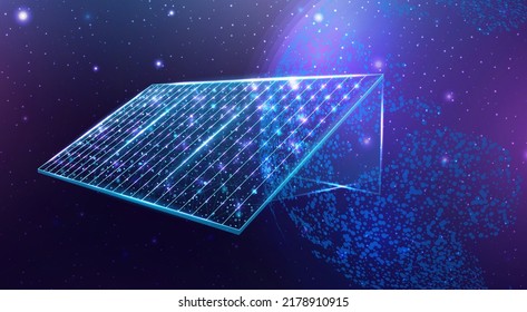 Solar battery, solar panel. Renewable alternative energy concept with glowing low poly panel on dark blue background. Wireframe low poly design. Abstract futuristic vector illustration