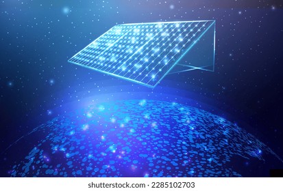 Solar battery, solar panel. Renewable alternative energy concept with glowing low poly panel. Abstract futuristic vector illustration