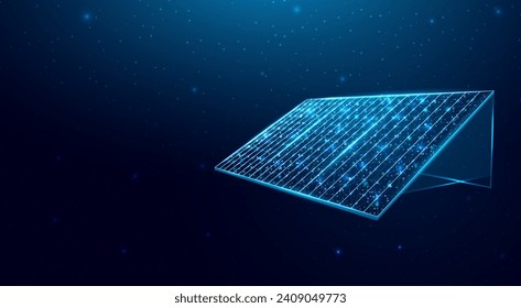 Solar battery, solar panel. Renewable alternative energy concept with glowing low poly panel on dark blue background. Wireframe low poly design. Abstract futuristic vector illustration