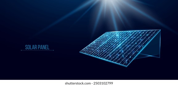 Solar battery, solar panel. Renewable alternative energy concept with glowing low poly panel on dark blue background. Wireframe low poly design. Abstract futuristic vector illustration