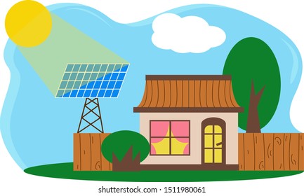 Solar battery provides residential private house with electricity. Vector illustration.