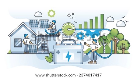 Solar battery storage with rechargeable home accumulators outline concept. Electricity power charging with sustainable and renewable sources vector illustration. Green and sustainable energy usage.