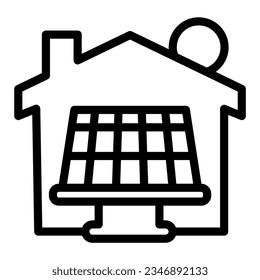 Solar battery with sun and house line icon, smart home symbol, solar panels batteries and green energy vector sign on white background, solar produce energy house icon in outline.