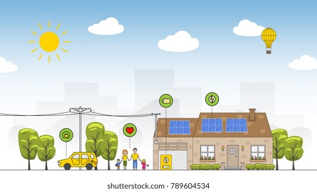 Solar battery system vector illustration. Eco power source line art concept. House, family, car and solar electricity system graphic design.