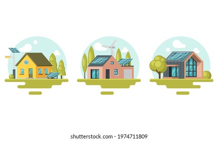 Solar Battery and Wind Turbine Providing Residential House with Electricity Vector Set