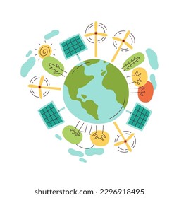 Batería solar y molino de viento en el medio ambiente terrestre. Ilustración del vector