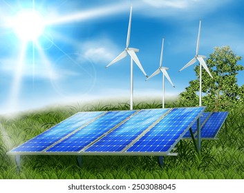 Solar battery and windmill. Vector illustration.