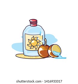 solar blocker bottle in the beach with coconut fruit