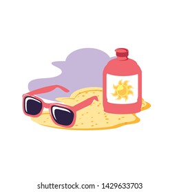 solar blocker bottle in the beach with sunglasses