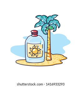 solar blocker bottle in the beach with tree palm
