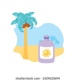 solar blocker bottle in the beach with tree palm