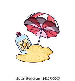 solar blocker bottle in the beach with umbrella