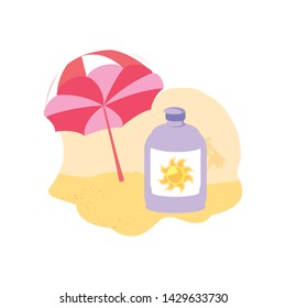 solar blocker bottle in the beach with umbrella